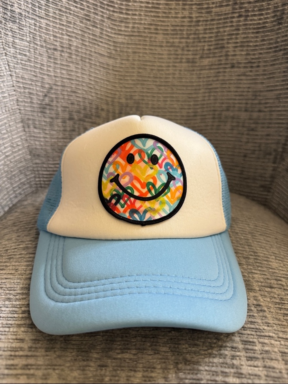 Multicolor Smiley Patch Trucker Hat - Light Blue & White